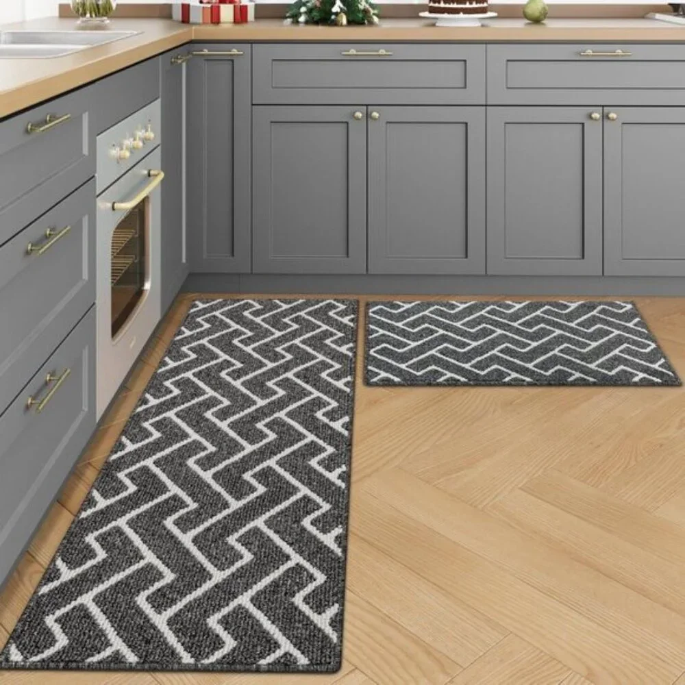 New Set of 2 Grey Kitchen Rug, Non-Slip, Absorbent, Washable Polypropylene Rugs